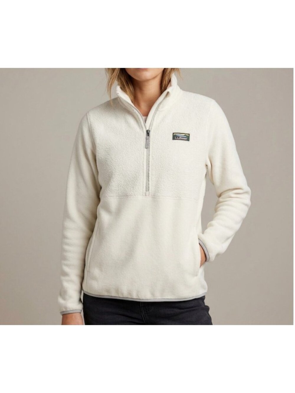 L.L. Bean Womens White Quarter-Zip Fleece Pullover Jacket XL Polyester Blend